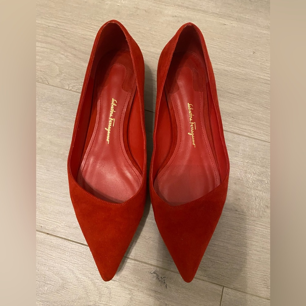 Vintage Ferragamo Red Suede Flats